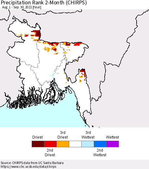 Bangladesh Precipitation Rank since 1981, 2-Month (CHIRPS) Thematic Map For 8/1/2022 - 9/30/2022
