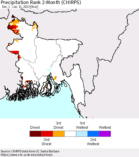Bangladesh Precipitation Rank since 1981, 2-Month (CHIRPS) Thematic Map For 12/1/2022 - 1/31/2023
