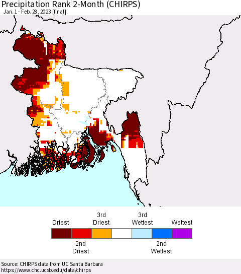 Bangladesh Precipitation Rank since 1981, 2-Month (CHIRPS) Thematic Map For 1/1/2023 - 2/28/2023