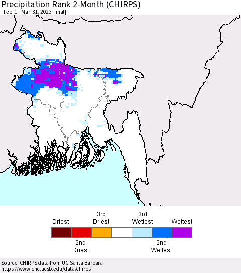 Bangladesh Precipitation Rank since 1981, 2-Month (CHIRPS) Thematic Map For 2/1/2023 - 3/31/2023