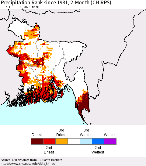 Bangladesh Precipitation Rank since 1981, 2-Month (CHIRPS) Thematic Map For 6/1/2023 - 7/31/2023