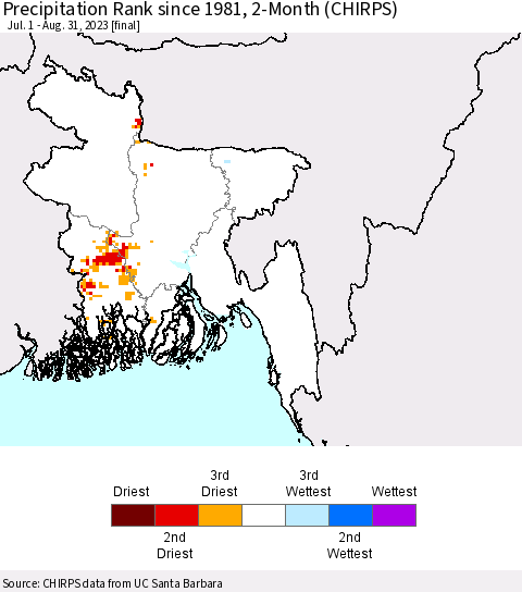 Bangladesh Precipitation Rank since 1981, 2-Month (CHIRPS) Thematic Map For 7/1/2023 - 8/31/2023