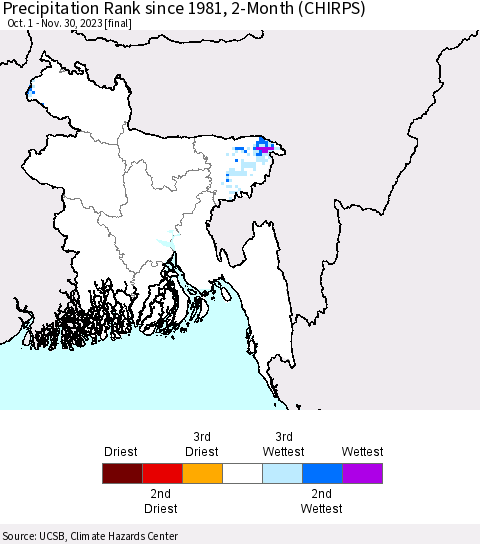 Bangladesh Precipitation Rank since 1981, 2-Month (CHIRPS) Thematic Map For 10/1/2023 - 11/30/2023
