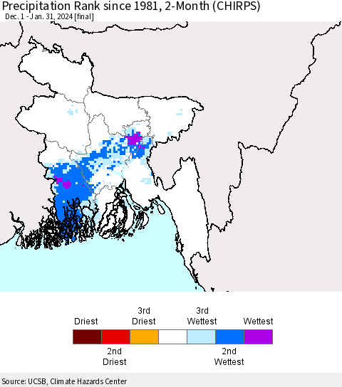 Bangladesh Precipitation Rank since 1981, 2-Month (CHIRPS) Thematic Map For 12/1/2023 - 1/31/2024