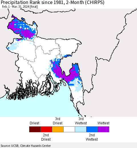 Bangladesh Precipitation Rank since 1981, 2-Month (CHIRPS) Thematic Map For 2/1/2024 - 3/31/2024