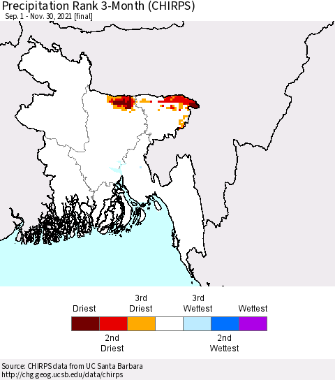 Bangladesh Precipitation Rank since 1981, 3-Month (CHIRPS) Thematic Map For 9/1/2021 - 11/30/2021