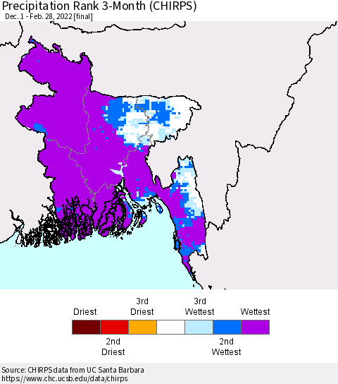 Bangladesh Precipitation Rank since 1981, 3-Month (CHIRPS) Thematic Map For 12/1/2021 - 2/28/2022