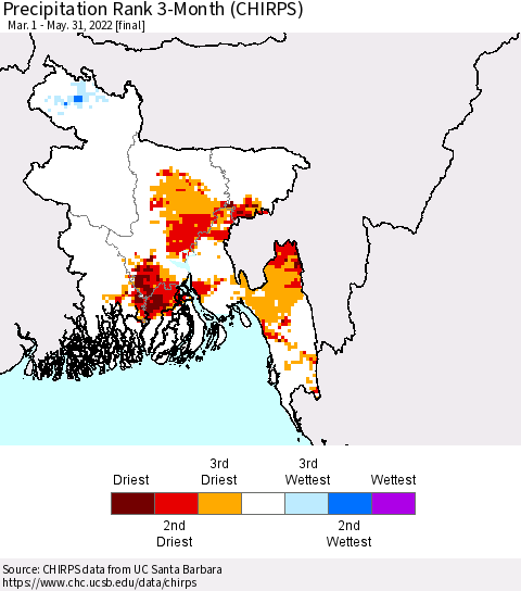 Bangladesh Precipitation Rank since 1981, 3-Month (CHIRPS) Thematic Map For 3/1/2022 - 5/31/2022