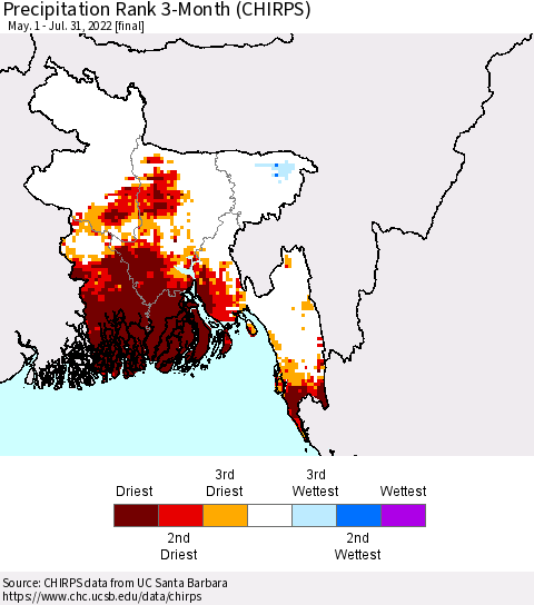 Bangladesh Precipitation Rank since 1981, 3-Month (CHIRPS) Thematic Map For 5/1/2022 - 7/31/2022