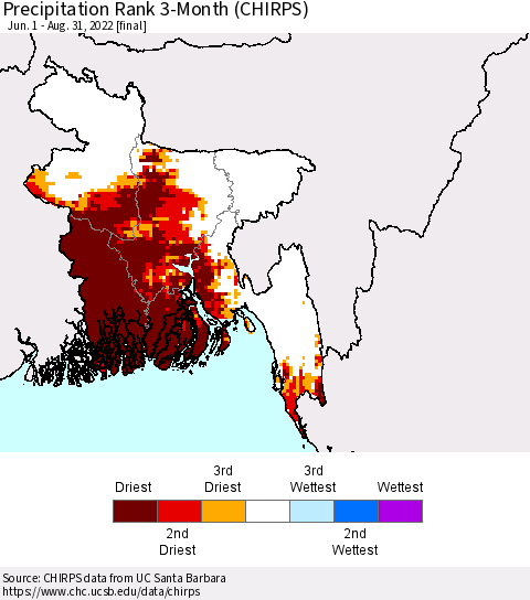 Bangladesh Precipitation Rank since 1981, 3-Month (CHIRPS) Thematic Map For 6/1/2022 - 8/31/2022