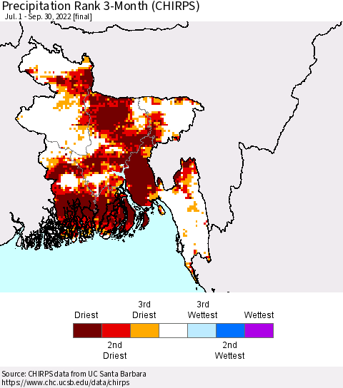 Bangladesh Precipitation Rank since 1981, 3-Month (CHIRPS) Thematic Map For 7/1/2022 - 9/30/2022
