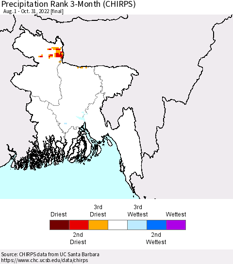 Bangladesh Precipitation Rank since 1981, 3-Month (CHIRPS) Thematic Map For 8/1/2022 - 10/31/2022