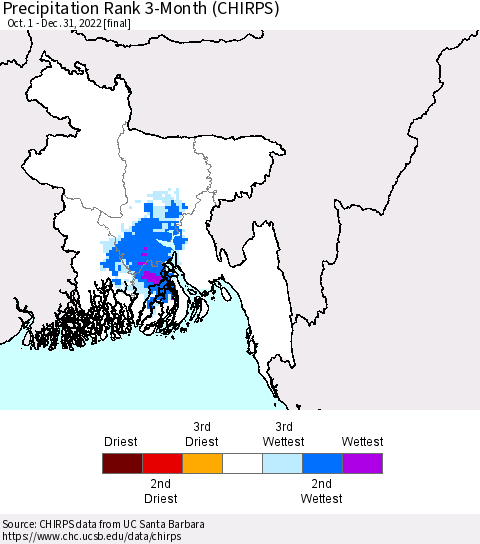 Bangladesh Precipitation Rank since 1981, 3-Month (CHIRPS) Thematic Map For 10/1/2022 - 12/31/2022