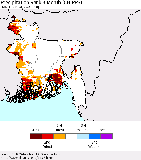 Bangladesh Precipitation Rank since 1981, 3-Month (CHIRPS) Thematic Map For 11/1/2022 - 1/31/2023