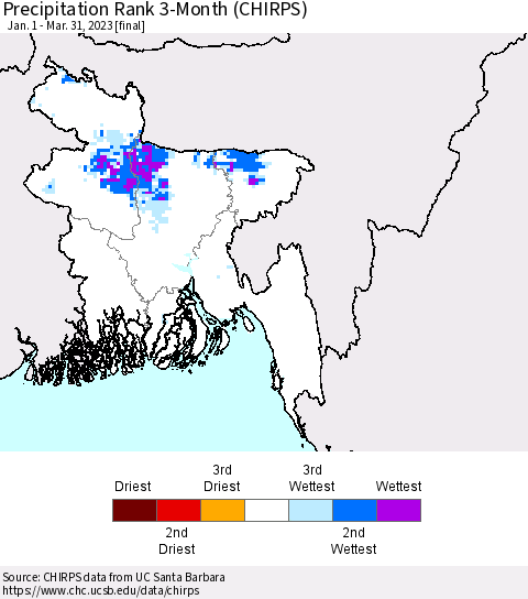 Bangladesh Precipitation Rank since 1981, 3-Month (CHIRPS) Thematic Map For 1/1/2023 - 3/31/2023