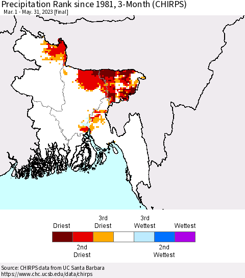 Bangladesh Precipitation Rank since 1981, 3-Month (CHIRPS) Thematic Map For 3/1/2023 - 5/31/2023