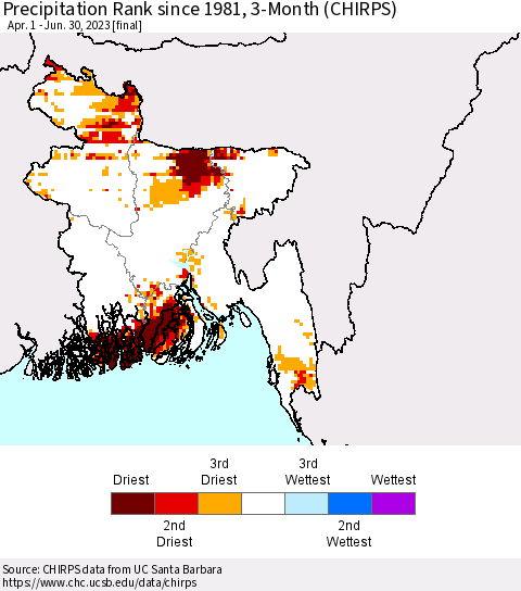 Bangladesh Precipitation Rank since 1981, 3-Month (CHIRPS) Thematic Map For 4/1/2023 - 6/30/2023
