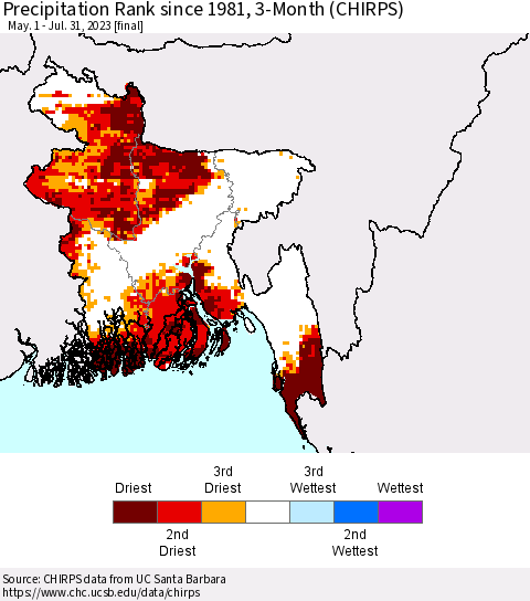 Bangladesh Precipitation Rank since 1981, 3-Month (CHIRPS) Thematic Map For 5/1/2023 - 7/31/2023
