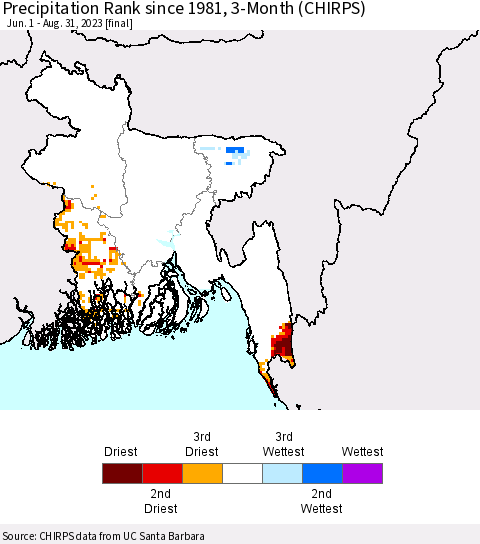 Bangladesh Precipitation Rank since 1981, 3-Month (CHIRPS) Thematic Map For 6/1/2023 - 8/31/2023