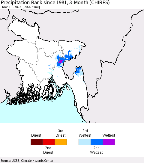 Bangladesh Precipitation Rank since 1981, 3-Month (CHIRPS) Thematic Map For 11/1/2023 - 1/31/2024