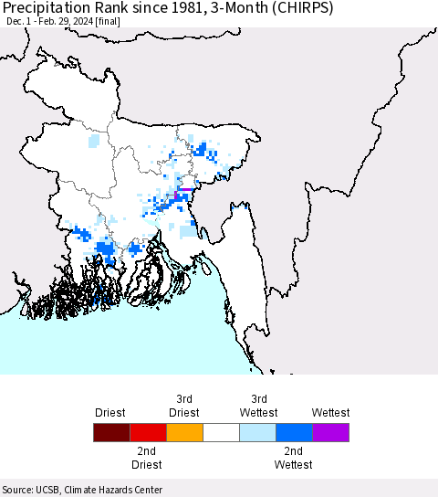 Bangladesh Precipitation Rank since 1981, 3-Month (CHIRPS) Thematic Map For 12/1/2023 - 2/29/2024