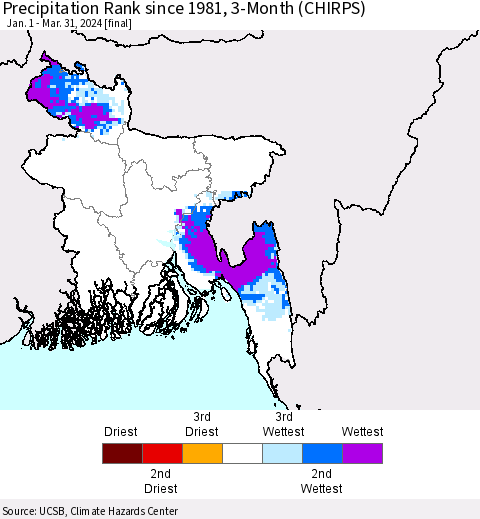 Bangladesh Precipitation Rank since 1981, 3-Month (CHIRPS) Thematic Map For 1/1/2024 - 3/31/2024