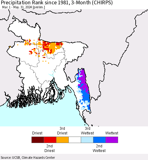 Bangladesh Precipitation Rank since 1981, 3-Month (CHIRPS) Thematic Map For 3/1/2024 - 5/31/2024