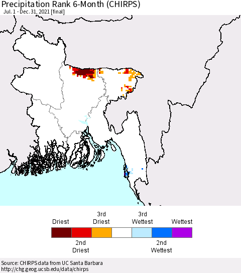 Bangladesh Precipitation Rank since 1981, 6-Month (CHIRPS) Thematic Map For 7/1/2021 - 12/31/2021