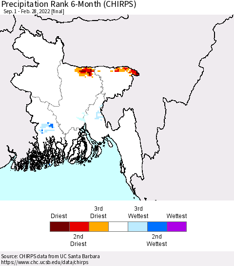 Bangladesh Precipitation Rank since 1981, 6-Month (CHIRPS) Thematic Map For 9/1/2021 - 2/28/2022