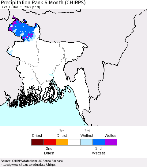 Bangladesh Precipitation Rank since 1981, 6-Month (CHIRPS) Thematic Map For 10/1/2021 - 3/31/2022