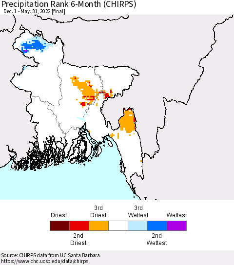 Bangladesh Precipitation Rank since 1981, 6-Month (CHIRPS) Thematic Map For 12/1/2021 - 5/31/2022