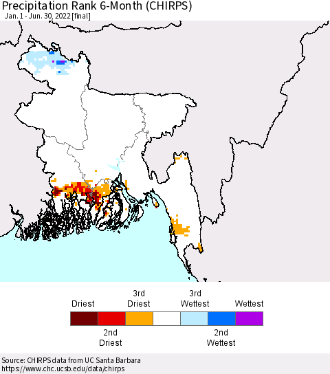 Bangladesh Precipitation Rank since 1981, 6-Month (CHIRPS) Thematic Map For 1/1/2022 - 6/30/2022