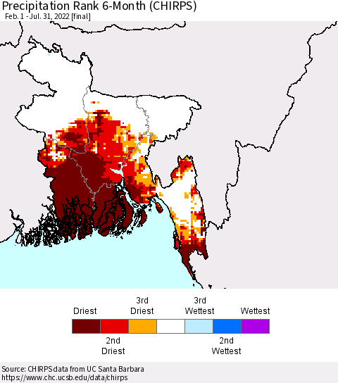 Bangladesh Precipitation Rank since 1981, 6-Month (CHIRPS) Thematic Map For 2/1/2022 - 7/31/2022