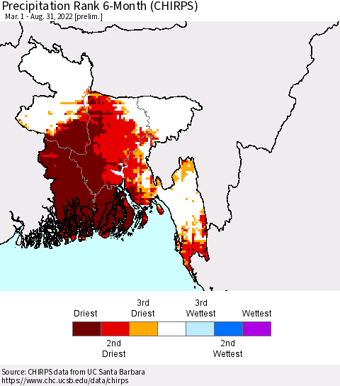 Bangladesh Precipitation Rank since 1981, 6-Month (CHIRPS) Thematic Map For 3/1/2022 - 8/31/2022