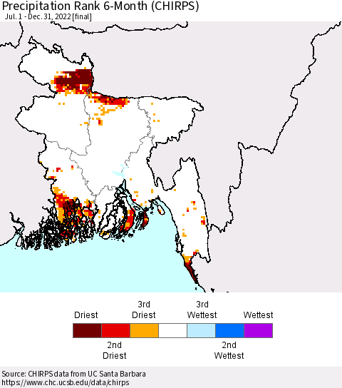 Bangladesh Precipitation Rank since 1981, 6-Month (CHIRPS) Thematic Map For 7/1/2022 - 12/31/2022