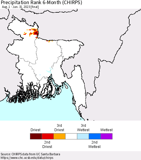 Bangladesh Precipitation Rank since 1981, 6-Month (CHIRPS) Thematic Map For 8/1/2022 - 1/31/2023