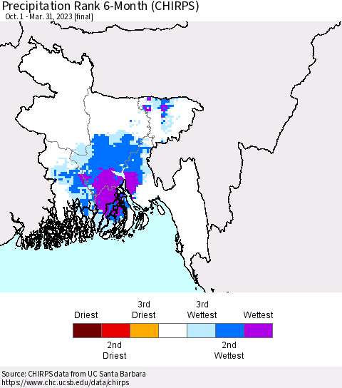 Bangladesh Precipitation Rank since 1981, 6-Month (CHIRPS) Thematic Map For 10/1/2022 - 3/31/2023