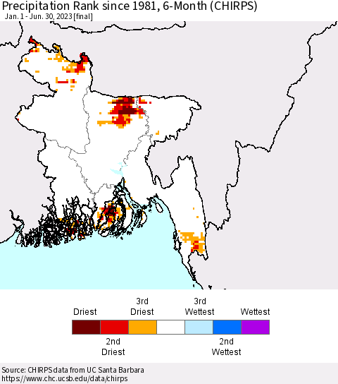 Bangladesh Precipitation Rank since 1981, 6-Month (CHIRPS) Thematic Map For 1/1/2023 - 6/30/2023