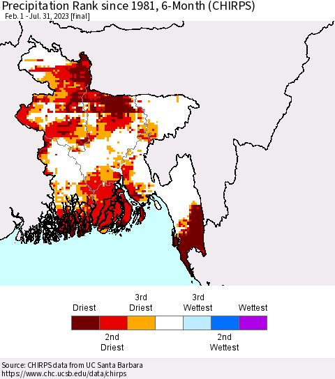 Bangladesh Precipitation Rank since 1981, 6-Month (CHIRPS) Thematic Map For 2/1/2023 - 7/31/2023
