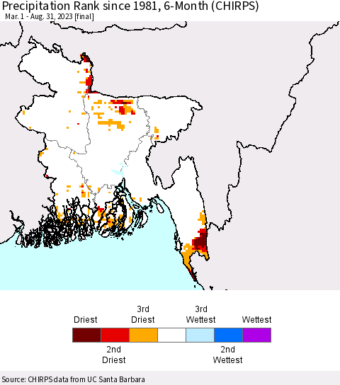 Bangladesh Precipitation Rank since 1981, 6-Month (CHIRPS) Thematic Map For 3/1/2023 - 8/31/2023