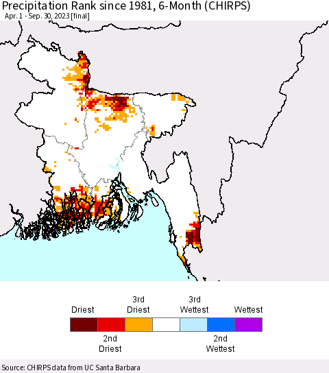 Bangladesh Precipitation Rank since 1981, 6-Month (CHIRPS) Thematic Map For 4/1/2023 - 9/30/2023
