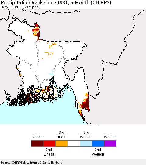 Bangladesh Precipitation Rank since 1981, 6-Month (CHIRPS) Thematic Map For 5/1/2023 - 10/31/2023