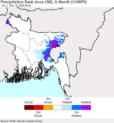 Bangladesh Precipitation Rank since 1981, 6-Month (CHIRPS) Thematic Map For 10/1/2023 - 3/31/2024