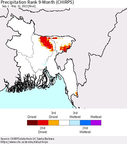 Bangladesh Precipitation Rank since 1981, 9-Month (CHIRPS) Thematic Map For 9/1/2021 - 5/31/2022