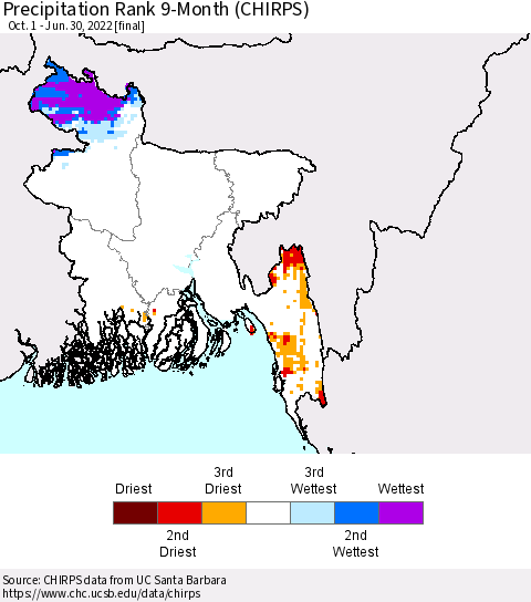 Bangladesh Precipitation Rank since 1981, 9-Month (CHIRPS) Thematic Map For 10/1/2021 - 6/30/2022