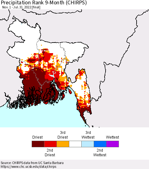 Bangladesh Precipitation Rank since 1981, 9-Month (CHIRPS) Thematic Map For 11/1/2021 - 7/31/2022
