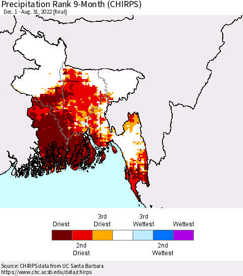 Bangladesh Precipitation Rank since 1981, 9-Month (CHIRPS) Thematic Map For 12/1/2021 - 8/31/2022