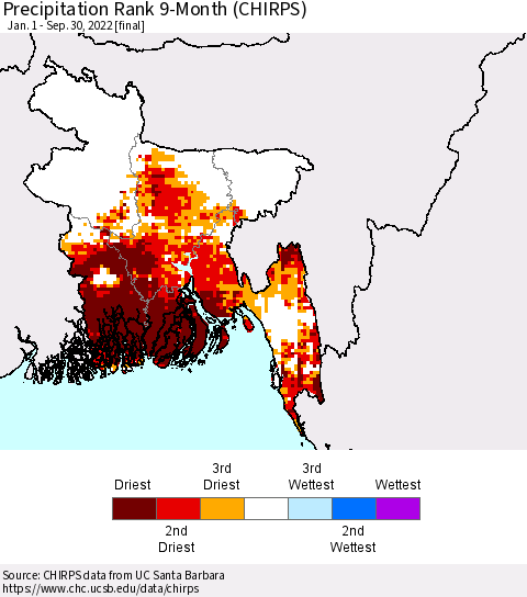 Bangladesh Precipitation Rank since 1981, 9-Month (CHIRPS) Thematic Map For 1/1/2022 - 9/30/2022