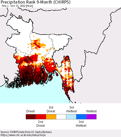 Bangladesh Precipitation Rank since 1981, 9-Month (CHIRPS) Thematic Map For 2/1/2022 - 10/31/2022