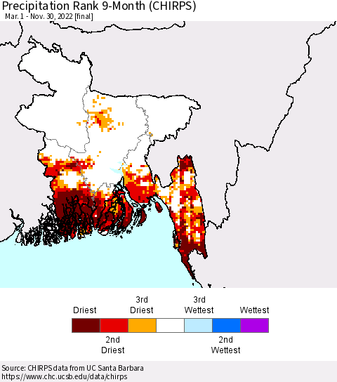 Bangladesh Precipitation Rank since 1981, 9-Month (CHIRPS) Thematic Map For 3/1/2022 - 11/30/2022